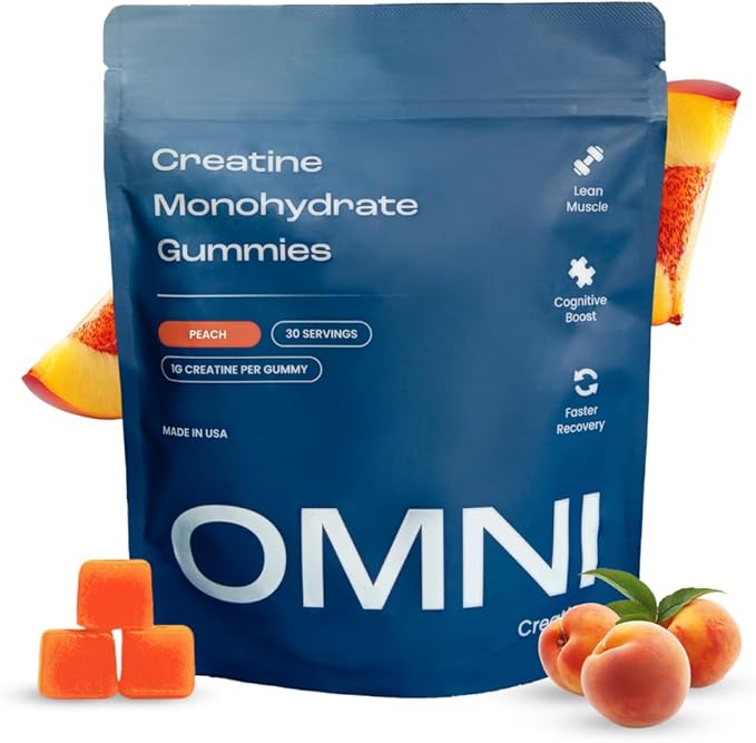 Creatine Monohydrate Gummies - Supports Muscle Growth, Recovery & Brain Function - Convenient & Easy to Take - Great Tasting Peach Flavor - 1g per Gummy, Low Sugar - 90 Count (Peach)