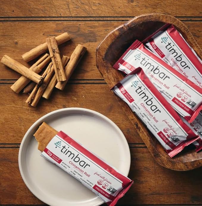 timbar Plant Based Protein Bars 12 Pack | Natural Energy & Nut Bars with 13g Protein | Gluten Free, Non-GMO, Dairy Free, Healthy On-the-Go Snack & Meal Replacement (12 Packs, Cinnamon Roll)