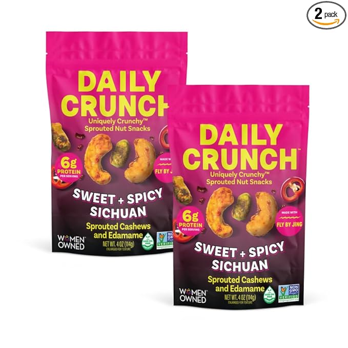 Daily Crunch Sprouted Cashews and Dehydrated nuts for a Unique Crunch, Keto Friendly, Non-GMO Zero Seed Oils, Gluten Free 4oz (2 Pack, Sweet + Spicy Sichuan Cashews)