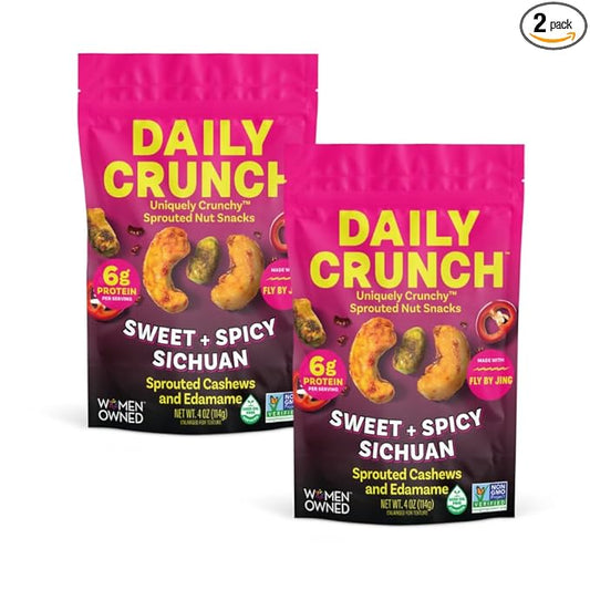 Daily Crunch Sprouted Cashews and Dehydrated nuts for a Unique Crunch, Keto Friendly, Non-GMO Zero Seed Oils, Gluten Free 4oz (2 Pack, Sweet + Spicy Sichuan Cashews)