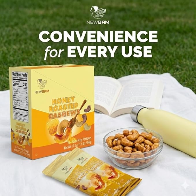 NEWBAM Honey Roasted Cashews – 12 Individual Snack Packs (1.5oz Each) – Sweet Crunchy Nuts, Healthy On-the-Go Protein Snack – Gluten-Free, Made in Vietnam