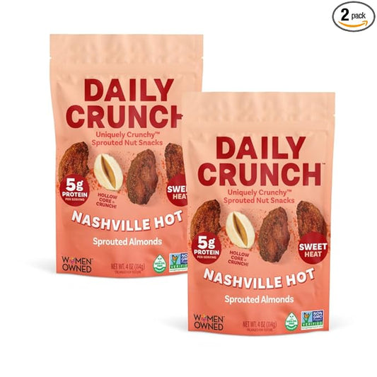 Daily Crunch Sprouted Almonds and Dehydrated nuts for a Unique Crunch, Keto Friendly, Non-GMO Zero Seed Oils, Gluten Free 4oz (2 Pack, Nashville)