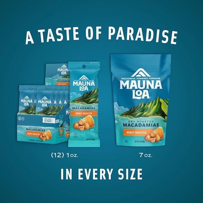 Mauna Loa Honey Roasted Macadamia Nuts, 12 Pack of 1 oz Single Serve Snack Bags, Gluten Free, Sweet & Crunchy Hawaiian Snack