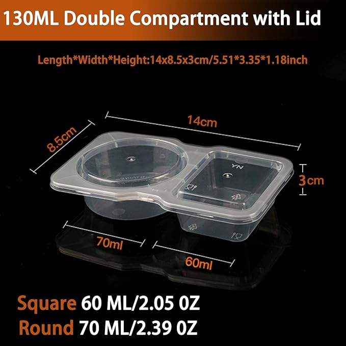 20 Sets Double Compartment Condiment Container, 2 Compartment Snack Containers, Disposable Food Containers with Lids for Sauce Snack, for Travel, Picnic
