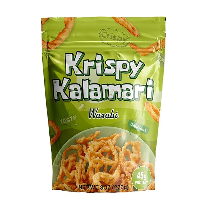 Krispy Kalamari Made with Real Calamari, Crispy, Yummy, Crunch, Tasty, High Protein, Fried Calamari, Snack, Resealable package, 8oz (Wasabi)