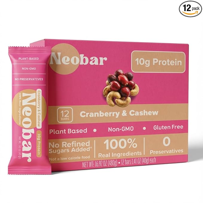 NEOBAR Fruit and Nut Bars - Plant-Based Vegan Snack Bars, Gluten Free Dairy Free Snacks, No Preservatives, No Refined Sugars Added, Non-GMO | Cranberry & Cashew, 10g Protein,12 Count
