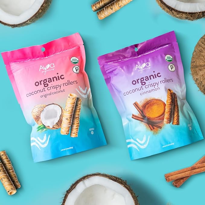 Original Coconut Crispy Rollers (2.8 oz bags) Ava Organics - Gluten Free, Non-GMO, Kosher, Vegetarian & Certified Paleo Lightly Sweetened Baked Coconut Crisps (Pack of 8)