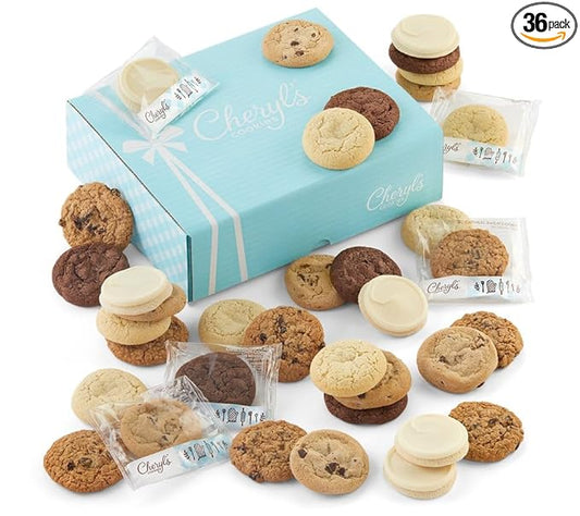 Cheryl's Cookies® Assorted Cookie Gift Box w/ 36 Individually Wrapped Chocolate Chip, Oatmeal Raisin, Chocolate, & Sugar Cookies Handmade, Perfect for Any Occasion, Family & Friends, Loved Ones