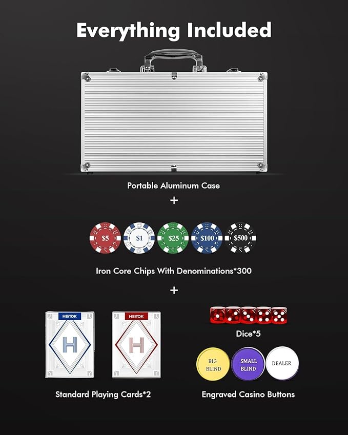 HEITOK 300-Piece Numbered Poker Chip Set – 11.5g Heavyweight Casino Style Chips with Denominations – Complete Texas Hold’em Kit with Aluminum Case, Decks & Dice for Beginners & Family Game Night