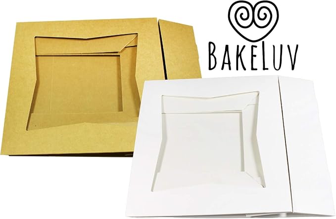 BAKELUV 100 Pack 8x8x2.5 Inch Brown Bakery Boxes with Window | Cookie Boxes, Pastry, Desserts, Treats, Food, Cardboard Takeaway/Takeout Containers | Kraft