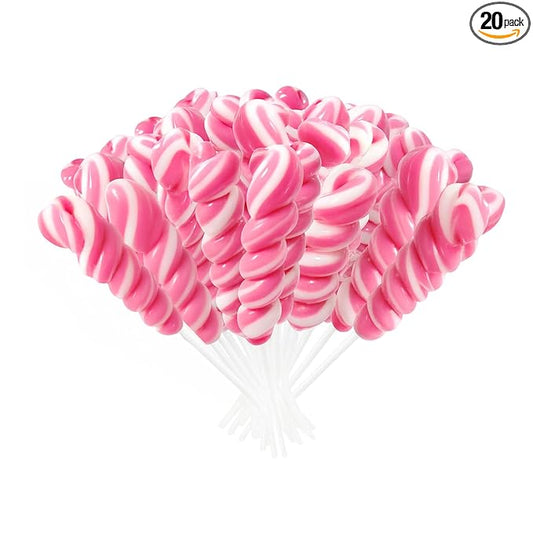Pink Twisty & Swirl Lollipops 20 Pack, Baby Shower Candy Twist Lollipop Individually Wrapped Suckers, Valentine’s Lollipops Candy Bulk, Strawberry Gender Reveal