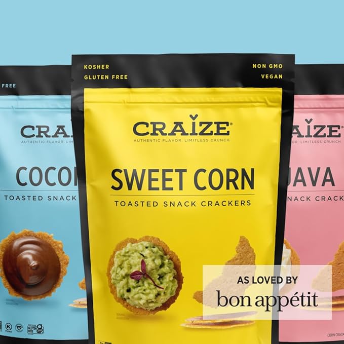 Craize Sweet Flavor Variety Pack | 2x Sweet Corn, 2x Coconut, 2x Guava Crisps | Gluten Free, Vegan, Kosher, Toasted Corn Crackers | 6 pack, 4 oz each