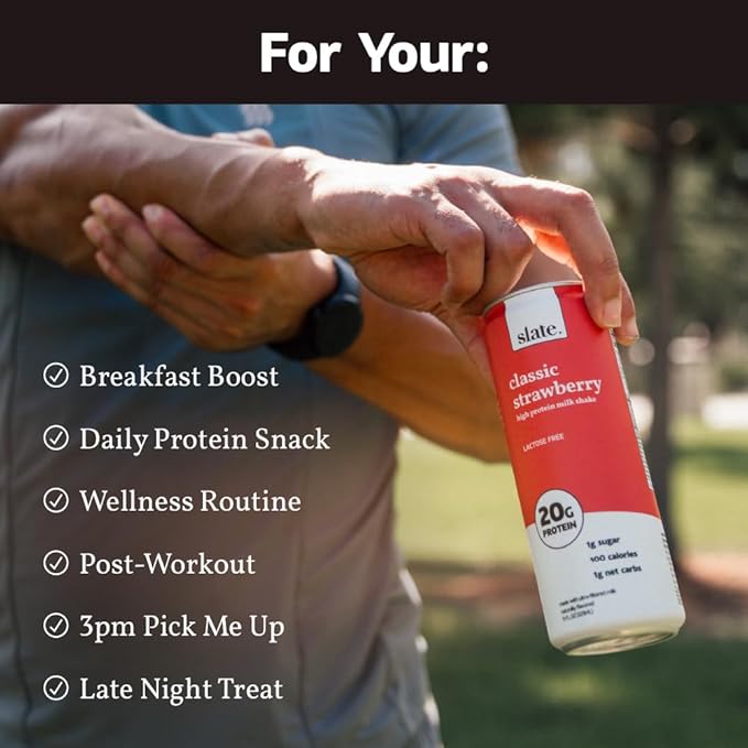 Slate Milk - High Protein Milk Shake - Classic Strawberry - Lactose Free, 20g Protein, 1g Sugar, 100 Calories, 1g Net Carbs, No Added Sugar - Natural, Breakfast Boost, Post Workout - 11 fl oz, 24 Cans