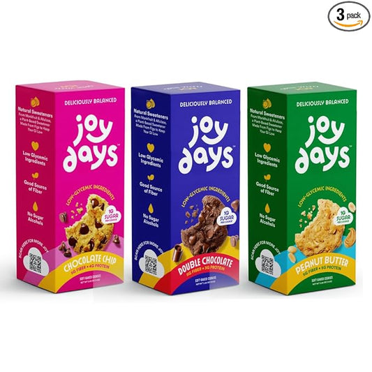 Joydays Cookie Variety Pack – Chocolate Chip, Double Chocolate & Peanut Butter, 63% Less Sugar, High Fiber, Protein Snack – Dietitian Approved, Blood Sugar Friendly, Healthy Snacks for Adults and Kids Pack of 3 (3.88 oz Each)