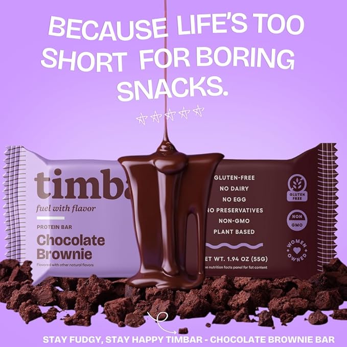 timbar Plant-Based Protein Bars, Chocolate Brownie | 14g Plant Protein, 8g Prebiotic Fiber | Gluten, Dairy & Egg Free, Non-GMO, No Sugar Alcohols (4 Pack)