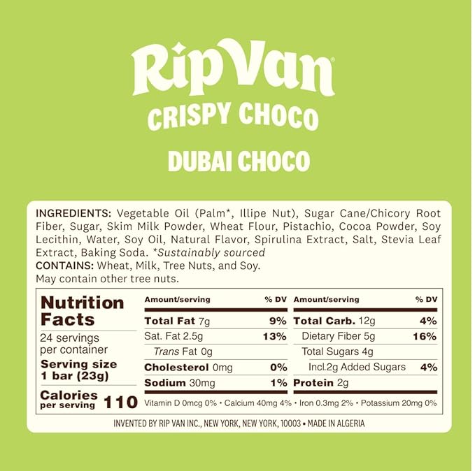 Rip Van Dubai Chocolate Bar Crispy Choco – Healthy Snack with Creamy Pistachio & Toasted Kunafa – Dubai Choco Flavor – 4g Sugar, 5g Fiber – Guilt-Free Indulgence – 12 Pack
