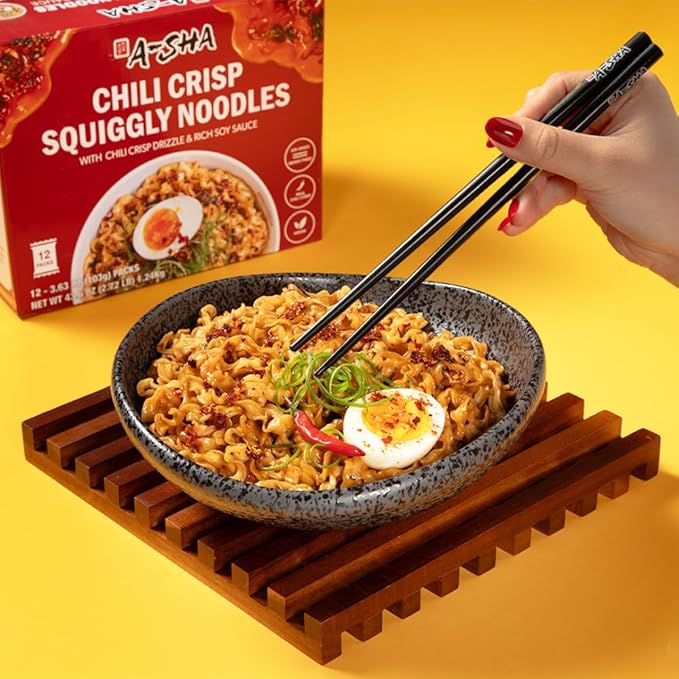 A-Sha Squiggly Noodle with Chili Crisp Drizzle and Rich Soy Sauce (24 Packs) | 11g of Protein | Premium Air Dried Never Fried Noodles