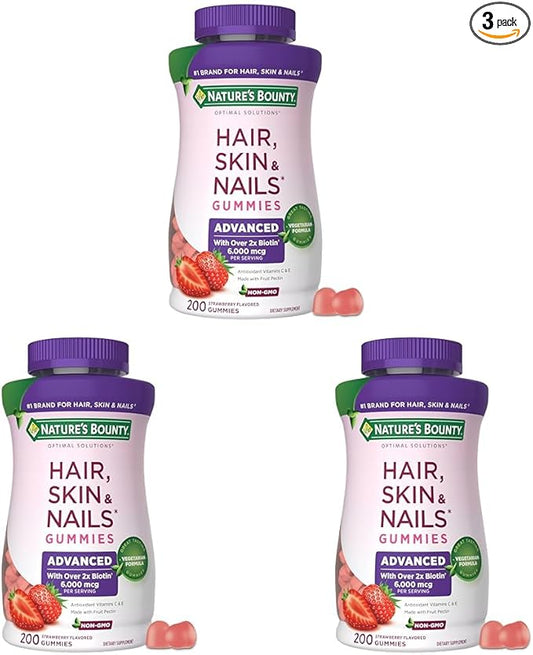 Nature's Bounty Optimal Solutions Advanced Hair, Skin and Nails Pectin Gummies, 2X Biotin Per Serving, No Stick Gummy, Vegetarian Formula, Strawberry Flavor, 200 ct, 100 Total Servings (Pack of 3)