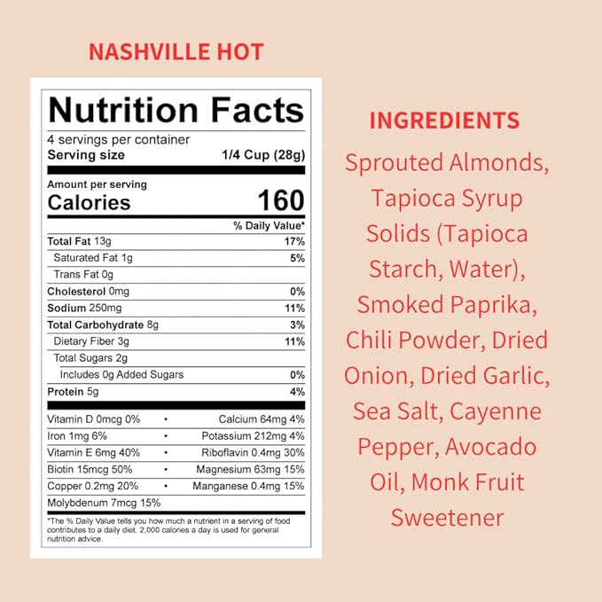 Daily Crunch Sprouted Almonds and Dehydrated nuts for a Unique Crunch, Keto Friendly, Non-GMO Zero Seed Oils, Gluten Free, 4oz (6 Pack, Nashville Hot)