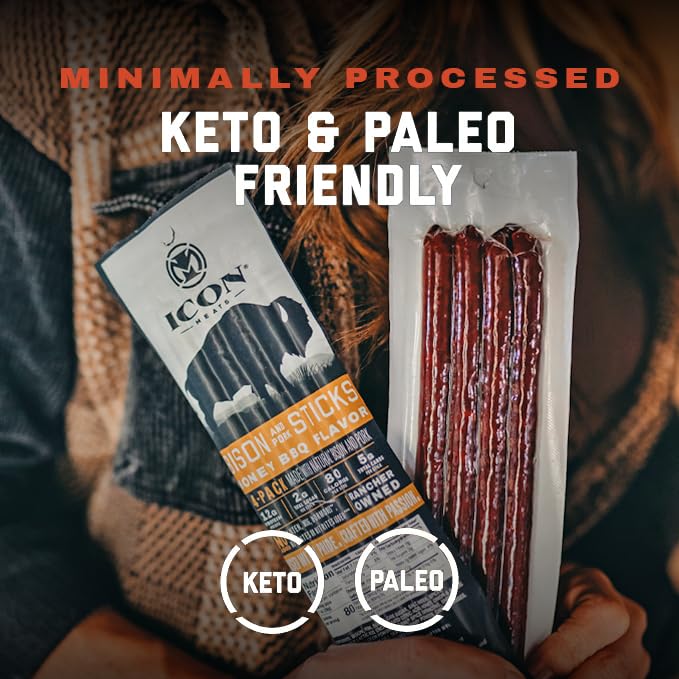 ICON Meats Bison and Pork Snack Sticks, Honey BBQ, 6 Pack High Protein Snacks, 4 Meat Sticks per Pack, Low Sugar, Gluten Free, Natural, USDA Inspected, Made in the USA, Gifts & Stocking Stuffers