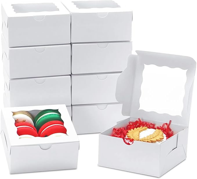 JOHOPACK 100 Pack Cookie Boxes 4x4x2 Inch Bakery Boxes with window Treat Box Chocolate Covered Strawberries Box for Christmas Valentine's Mother's Day