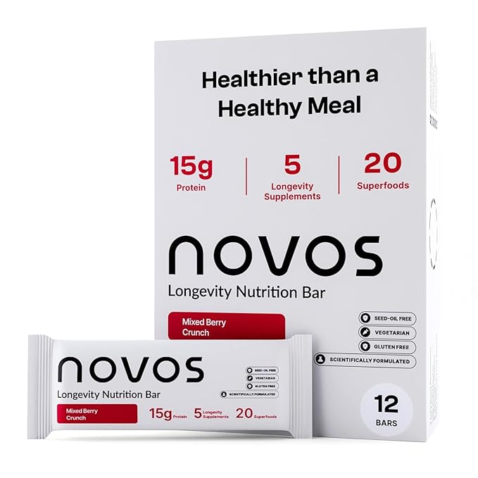 Novos Longevity Protein Bar - Mixed Berry Crunch - 15g Protein, 5 Longevity supplements, 20 Superfoods, Organic Olive Oil, Seed Oil Free, Targets Causes of Aging, Skin, Mind and Mood Support, 12-Pack
