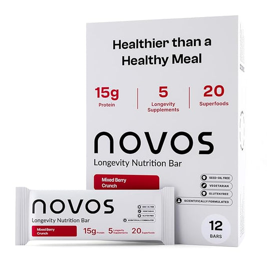 Novos Longevity Protein Bar - Mixed Berry Crunch - 15g Protein, 5 Longevity supplements, 20 Superfoods, Organic Olive Oil, Seed Oil Free, Targets Causes of Aging, Skin, Mind and Mood Support, 12-Pack