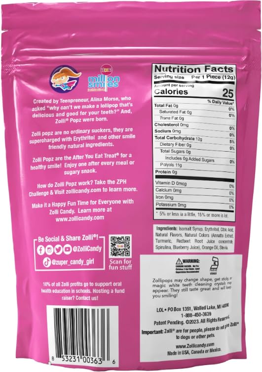 Zolli Ball Popz Clean Teeth Sugar Free Candy - Dye-Free, Keto & Diabetic-Friendly, Dentist-Approved Treats for Kids (Natural Fruit Flavors, 5.2 oz, Pack of 2)