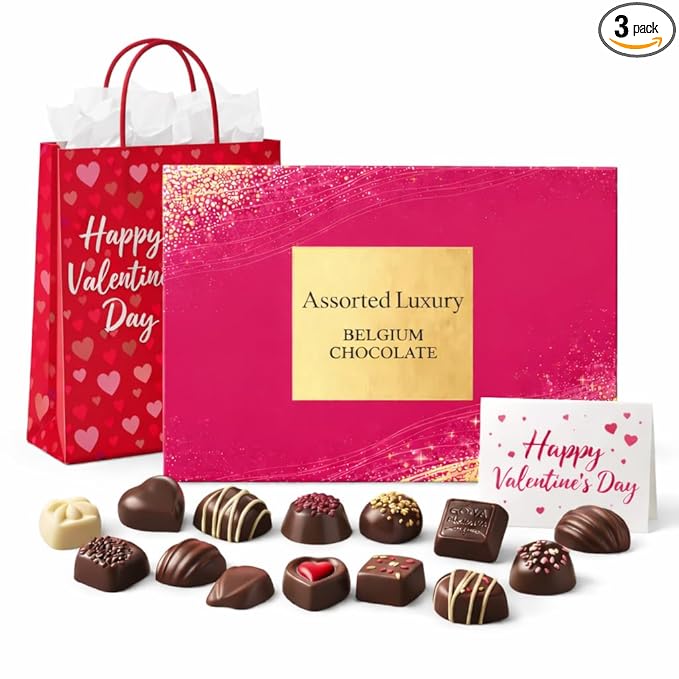 Valentine’s Day Chocolate Gift Box – Assorted Luxury Belgian Chocolates – Ready-to-Gift with Valentine Bag & Card – Premium Valentine Gift for Him or Her