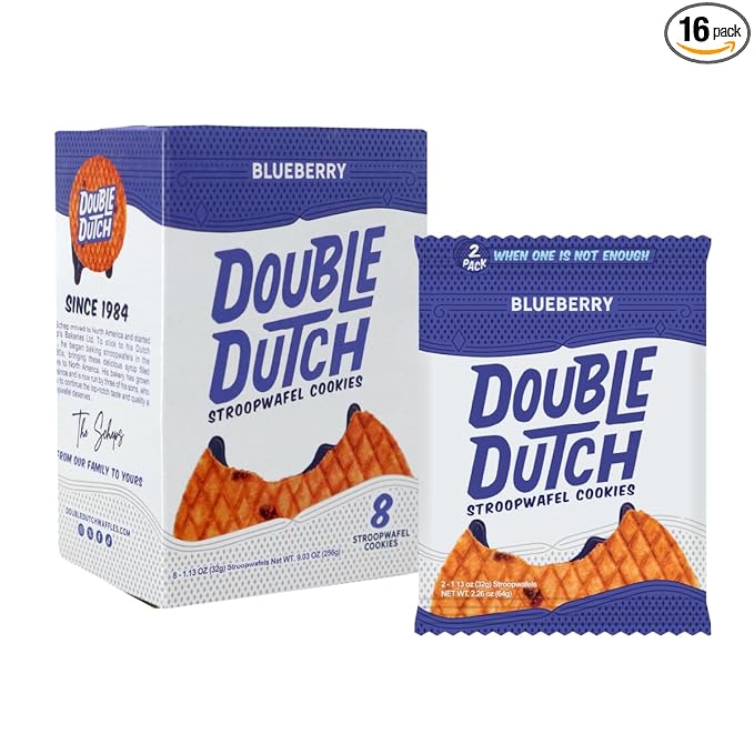 Double Dutch Stroopwafel Cookies – 2 Pack – 16 Waffles – Caramel, Blueberry, Vanilla, Chocolate Salted Caramel (16 Count, Blueberry)