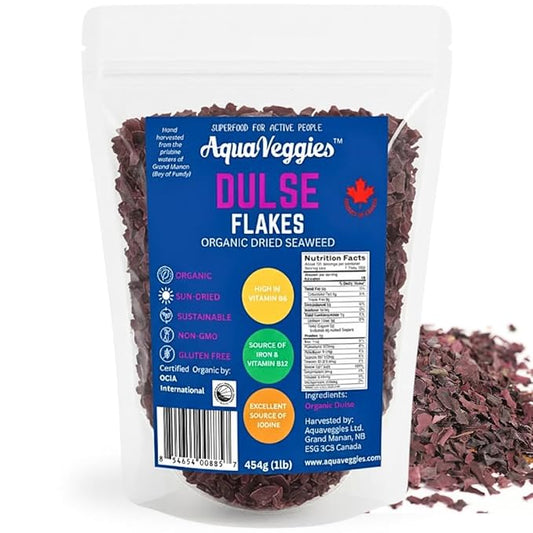 Aqua Veggies Organic Atlantic Dulse Flakes Sea Vegetable, Wild-Harvested, Sun-Dried Superfood Seaweed Snacks| Rich in Iodine, B12, Iron, Calcium, Fibre & Plant-Based Protein (1 Pound (Pack of 1))