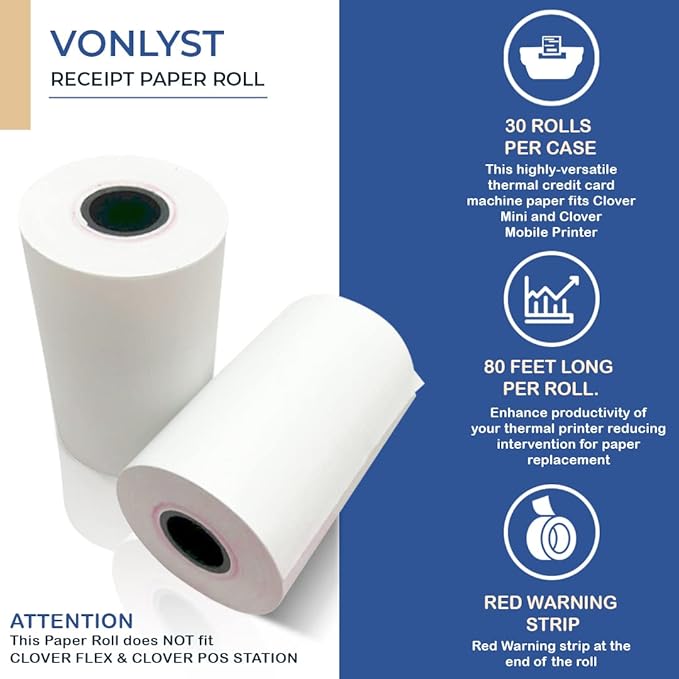Vonlyst Receipt Paper for Clover Mini and Clover Mobile Thermal Printer 2 1/4 x 80 (30 rolls)
