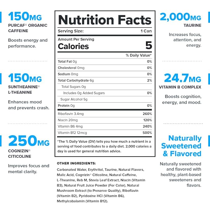 Legion Energy Drink - Naturally Sweetened and Flavored Healthy Energy Drinks - Sugar Free Energy Drinks w/Natural Caffeine, Theanine, Taurine, Citicoline and B Complex Vitamins (12 Pack) Lemon Lime