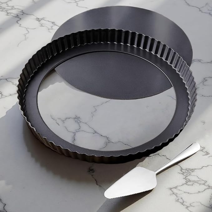 Yamteck 10 Inch Round Quiche Pans with Pie Server. Removable Bottom, Non-Stick Coating, Rugged Carbon Steel for Tart Quiche Pie Cake Baking. Gift for Women Wife Christmas Thanksgiving Party Festival