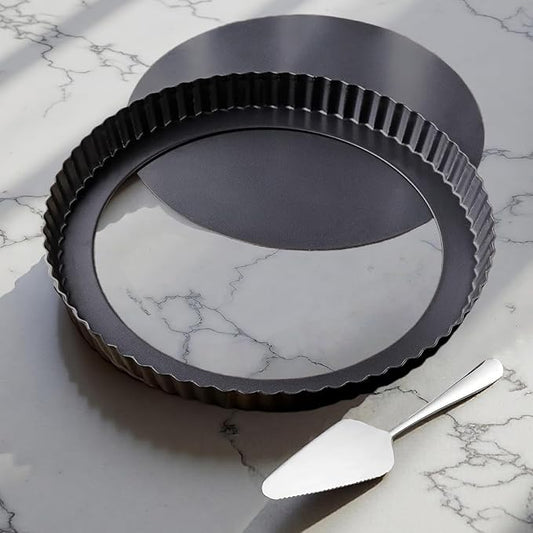 Yamteck 10 Inch Round Quiche Pans with Pie Server. Removable Bottom, Non-Stick Coating, Rugged Carbon Steel for Tart Quiche Pie Cake Baking. Gift for Women Wife Christmas Thanksgiving Party Festival
