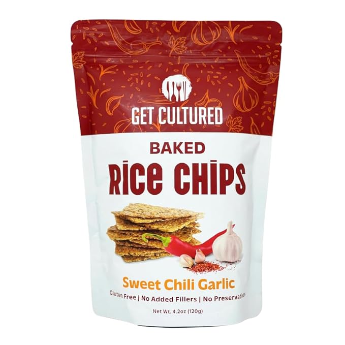 Get Cultured Sweet Chili Garlic Baked Rice Chips, Crispy and Crunchy Rice Chip Snack – Gluten & Dairy Free, No Preservatives – Healthy Snack Pack for Adults and Kids | 4.2 Oz Resealable Bag (1Pack)