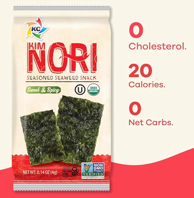 KIMNORI Seasoned Seaweed Snacks Sheets – Sweet ’N Spicy, 24 Individual Packs, Roasted Crispy Premium, 100% Natural Laver, 0.14 Ounce