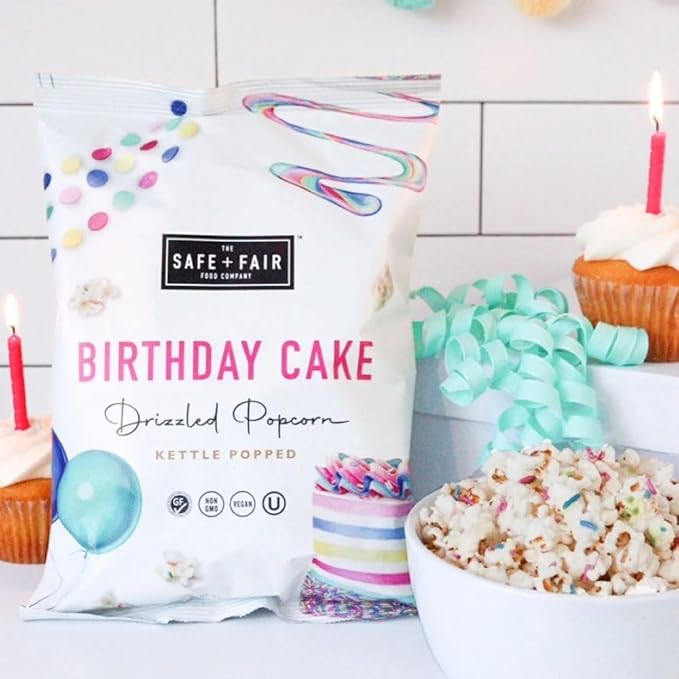 Safe + Fair Birthday Cake Drizzled Popcorn - Gluten-Free, Dairy Free and Vegan Snack - Free From Top 9 Allergens and Artificial Ingredients – Non GMO, Plant Based Kettle Popped Corn, 5.5 oz