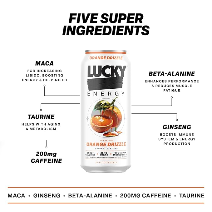 Lucky Energy Sugar Free Energy Drinks, Orange Drizzle, 16oz Cans (12-Pack) Healthy, Zero Sugar Energy Drink with Maca, Ginseng, Beta-Alanine, Taurine & 200mg Caffeine