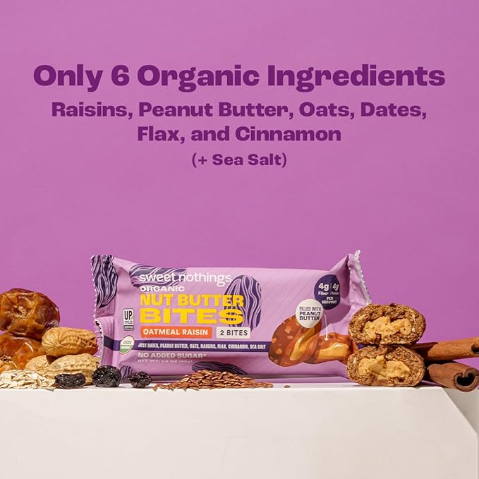 Sweet Nothings, Oatmeal Raisin, USDA Organic Nut Butter Bites Protein Bar, Nut & Date Snack, Filled with Peanut Butter, 12-2 Bite Value Packs - No Added Sugar, Good Source of Fiber, Only 7 Ingredients