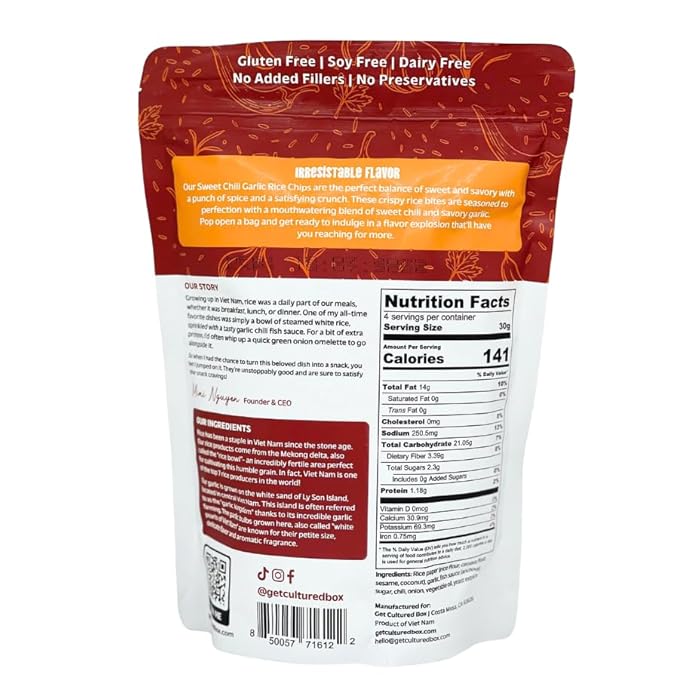 Get Cultured Sweet Chili Garlic Baked Rice Chips, Crispy and Crunchy Rice Chip Snack – Gluten & Dairy Free, No Preservatives – Healthy Snack Pack for Adults and Kids | 4.2 Oz Resealable Bag (1Pack)