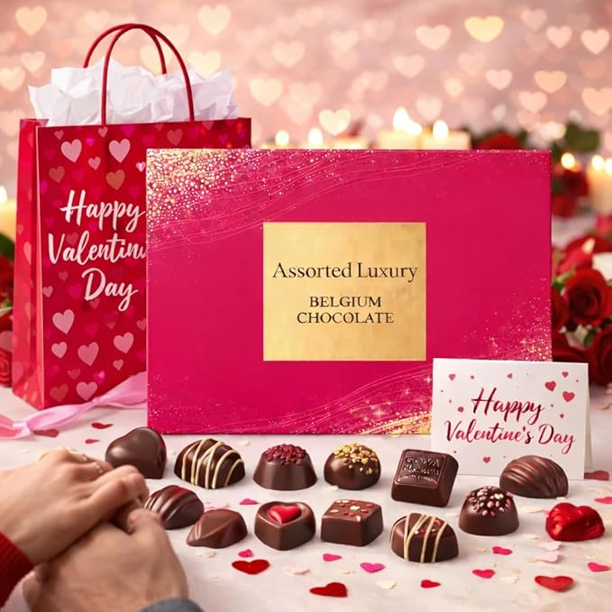 Valentine’s Day Chocolate Gift Box – Assorted Luxury Belgian Chocolates – Ready-to-Gift with Valentine Bag & Card – Premium Valentine Gift for Him or Her