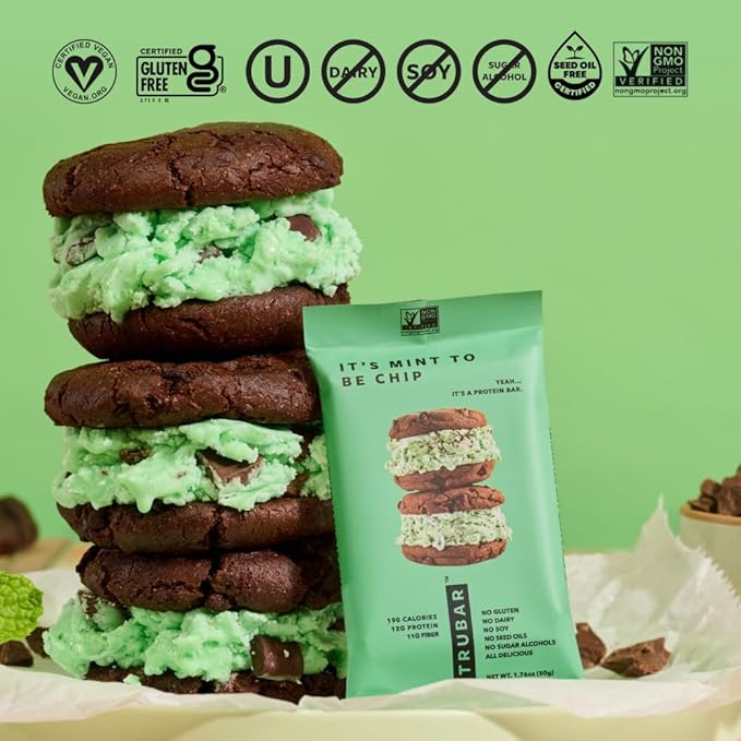 TRUBAR Vegan Protein Bar,It's Mint To Be Chip, Gluten Free, Plant Based Protein, Dairy Free, Non GMO, Soy Free, No Sugar Alcohols, 12G Protein, 12G Fiber, 23G Carb, On the Go Snack Bars, 12ct