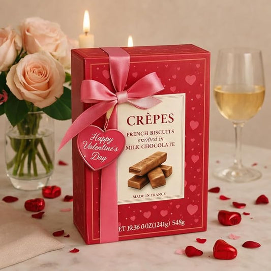 Luxury Crepes French Biscuit Gift Box, Milk Chocolate Covered Crispy Crepe Cookies – European Gourmet Chocolate Biscuits in Elegant Gift Packaging, 19.36 oz – Valentines Chocolate & Christmas Gift Box.Package May Vary
