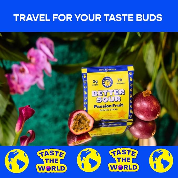 Better Sour Passion Fruit Gummy Stars Candy Naturally Flavored Plant-Based Low Sugar 2g/70 cal per 1.8oz Bag Healthy Sour Gummy Candy Healthy Treats (Pack of 10)