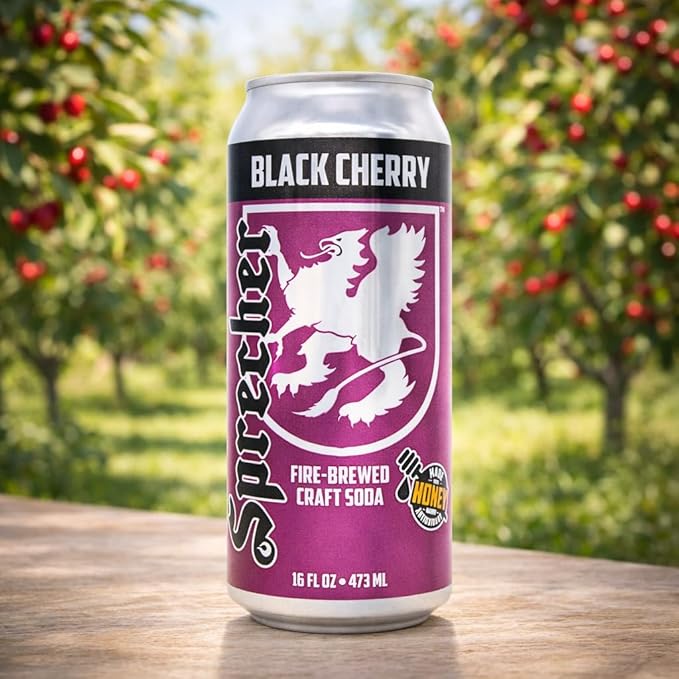 Sprecher Black Cherry Soda 16 fl oz Cans (12 Pack), Fire-Brewed with Real Honey & Door County Cherry Juice – Handcrafted, Caffeine-Free, Gourmet Beverage