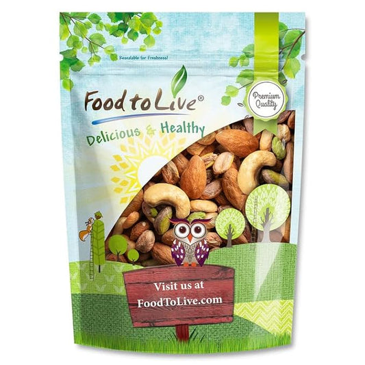 Food to Live Nut Lovers Mix, 2 Pounds – Premium Dry Roasted Pistachios No Shell, Almonds and Cashews Blend. No Salt Added. Trail Snacks for Adults and Kids. Vegan, Kosher, Bulk