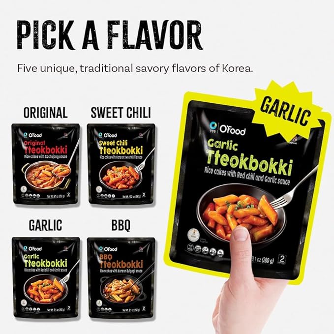 O’Food Tteokbokki Korean Rice Cakes – [Garlic | Pack of 2] – Gluten-Free (Except BBQ), Healthy/Savory/Bold/Fiery, 0 Cholesterol/ 0 Trans Fat/No MSG/No Corn Syrup, Spicy Street Snack, Ready in Minutes