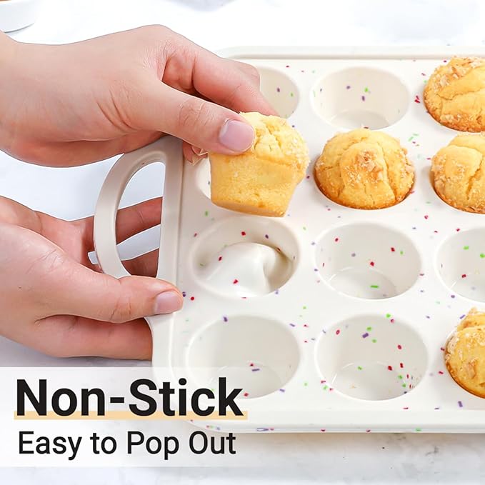 FUNBAKY Silicone Mini Muffin Pan, Metal Reinforced Frame 24 Cups Nonstick Mini Cupcake Pans with Handles Easy to Move for Baking Muffin, Cupcake, Egg Bites Oven Safe, 2 Pack Confetti