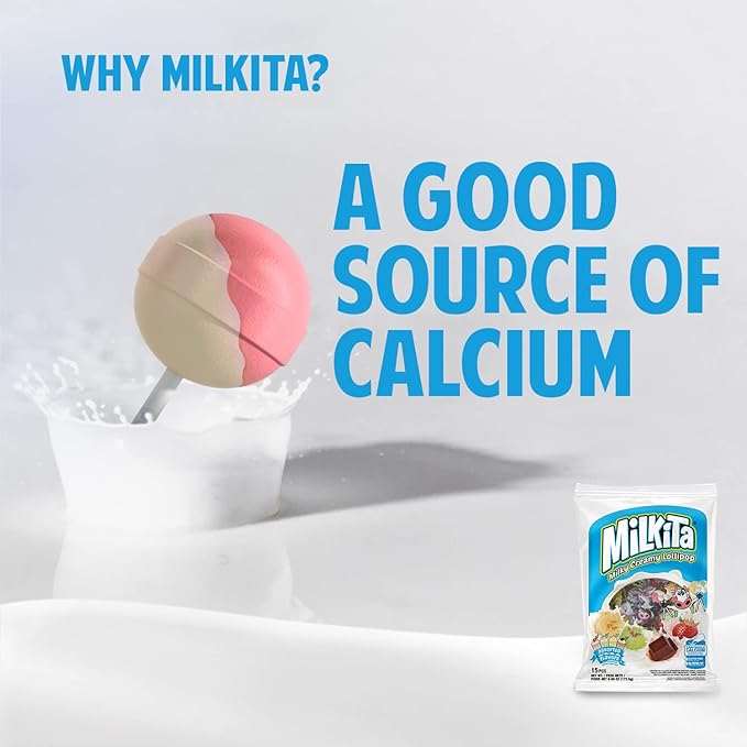 Milkita The Real Milk Candy Lollipop Bag – Low-Sugar, Healthy Sweets with Real Milk for Kids & Adults – Fat Free & Gluten Free Candy with Calcium (Strawberry, Chocolate, Honeydew, Banana - 15 Pcs)